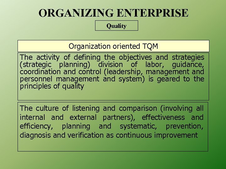 ORGANIZING ENTERPRISE Quality Organization oriented TQM The activity of defining the objectives and strategies