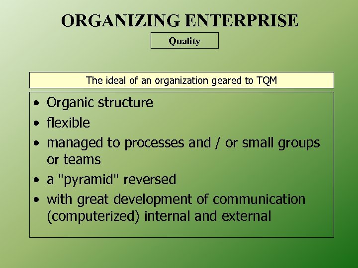 ORGANIZING ENTERPRISE Quality The ideal of an organization geared to TQM • Organic structure