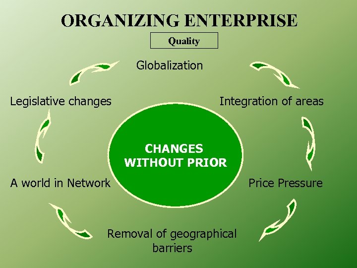 ORGANIZING ENTERPRISE Quality Globalization Legislative changes Integration of areas CHANGES WITHOUT PRIOR A world