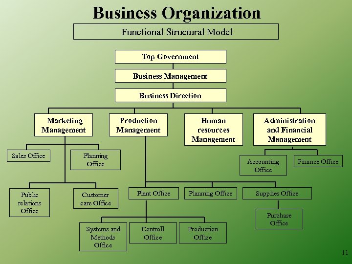 Business Organization Functional Structural Model Top Government Business Management Business Direction Marketing Management Production