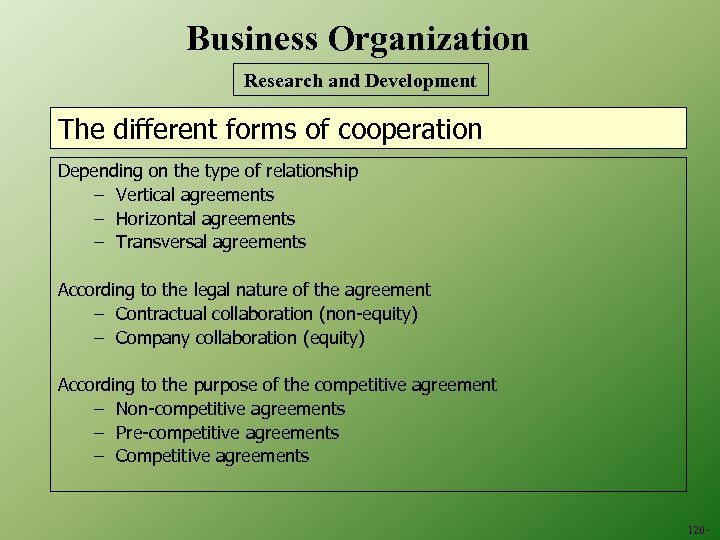 Business Organization Research and Development The different forms of cooperation Depending on the type