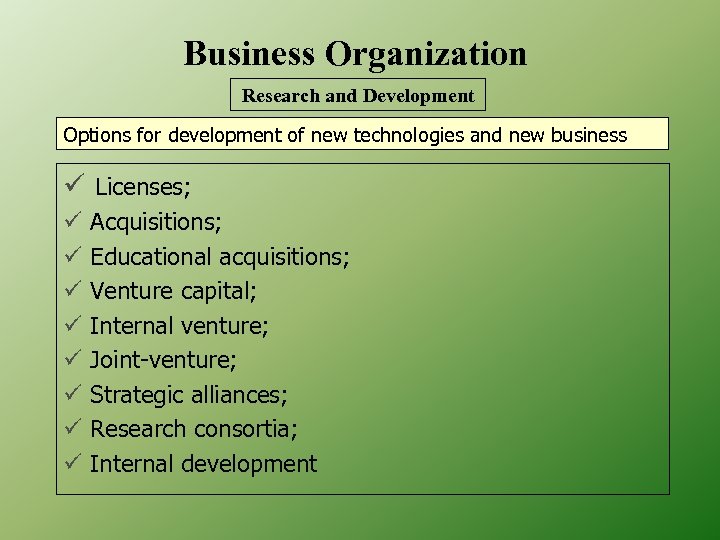 Business Organization Research and Development Options for development of new technologies and new business