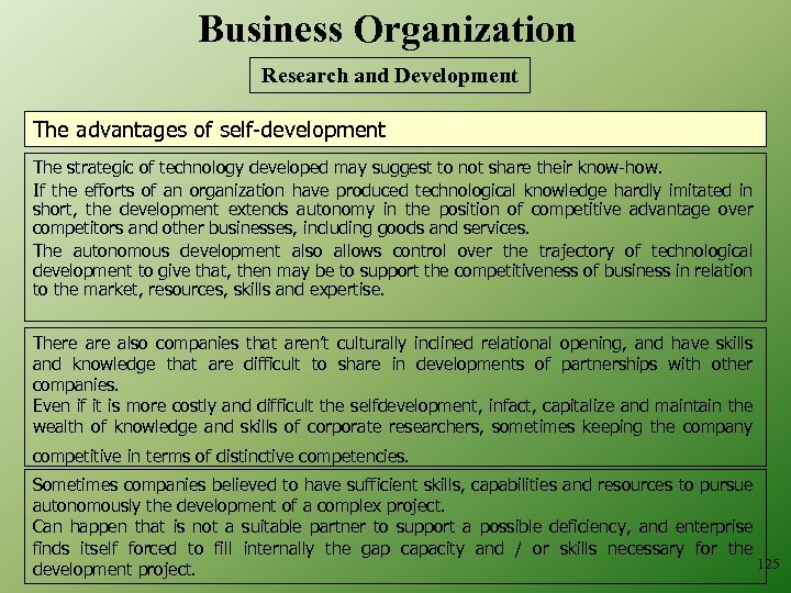 Business Organization Research and Development The advantages of self-development The strategic of technology developed