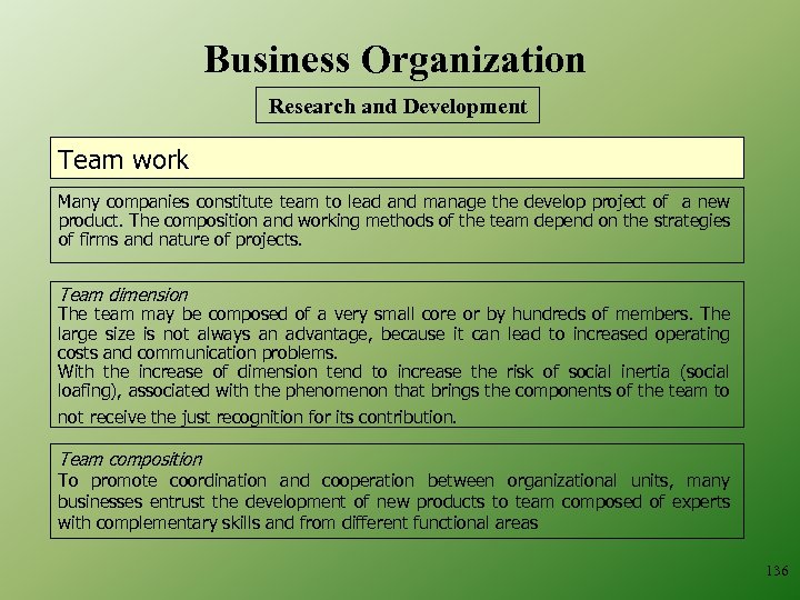 Business Organization Research and Development Team work Many companies constitute team to lead and