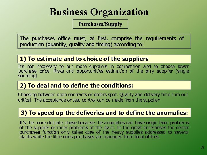 Business Organization Purchases/Supply The purchases office must, at first, comprise the requirements of production