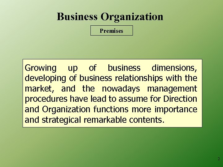 Business Organization Premises Growing up of business dimensions, developing of business relationships with the