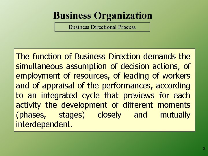 Business Organization Business Directional Process The function of Business Direction demands the simultaneous assumption