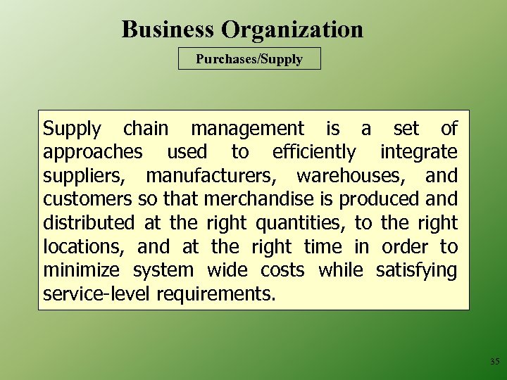 Business Organization Purchases/Supply chain management is a set of approaches used to efficiently integrate