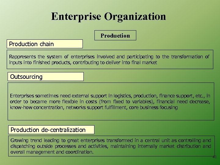 Enterprise Organization Production chain Rappresents the system of enterprises involved and participating to the