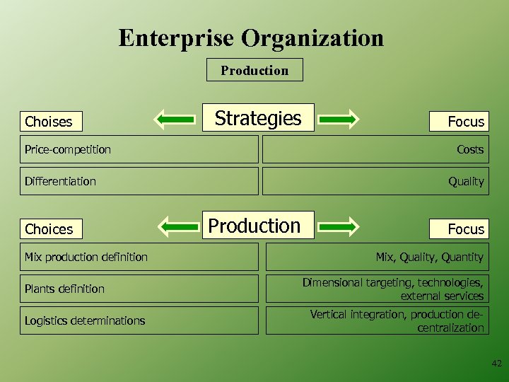 Enterprise Organization Production Choises Strategies Price-competition Costs Differentiation Choices Mix production definition Plants definition