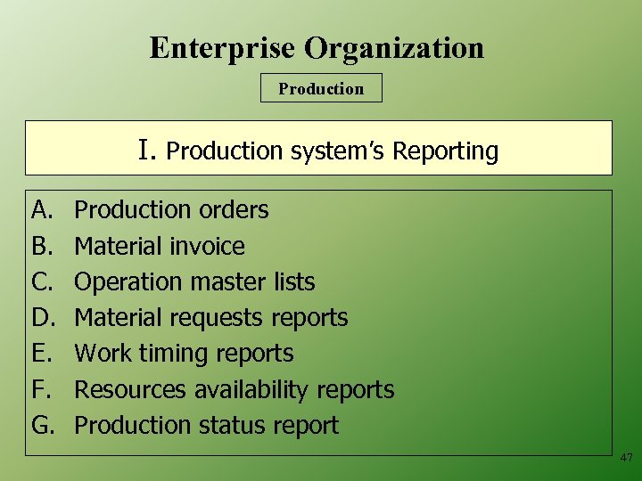 Enterprise Organization Production I. Production system’s Reporting A. B. C. D. E. F. G.