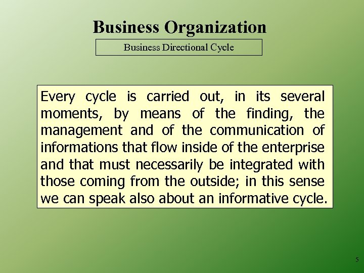 Business Organization Business Directional Cycle Every cycle is carried out, in its several moments,