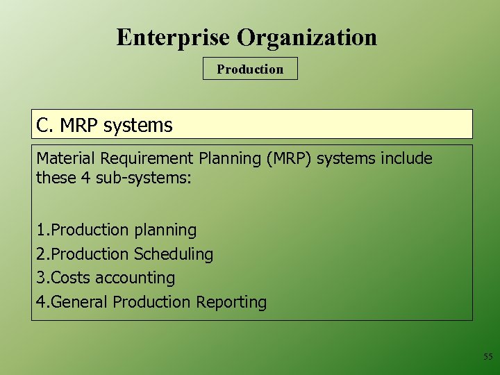 Enterprise Organization Production C. MRP systems Material Requirement Planning (MRP) systems include these 4