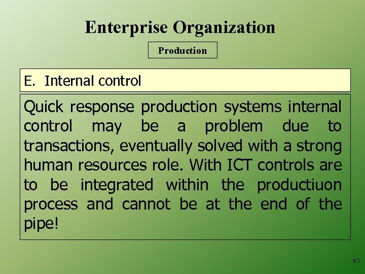 Enterprise Organization Production E. Internal control Quick response production systems internal control may be