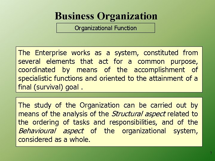 Business Organizational Function The Enterprise works as a system, constituted from several elements that
