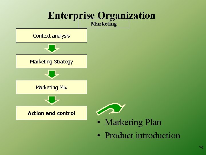 Enterprise Organization Marketing Context analysis Marketing Strategy Marketing Mix Action and control • Marketing