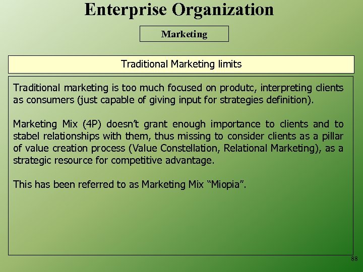 Enterprise Organization Marketing Traditional Marketing limits Traditional marketing is too much focused on produtc,