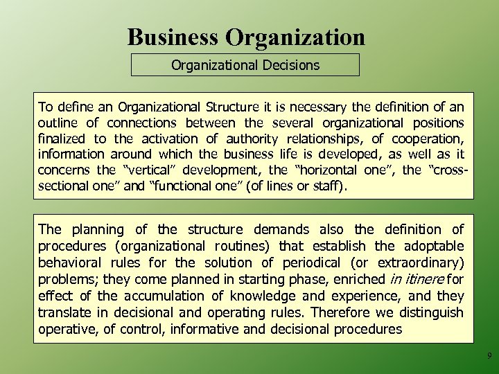 Business Organizational Decisions To define an Organizational Structure it is necessary the definition of