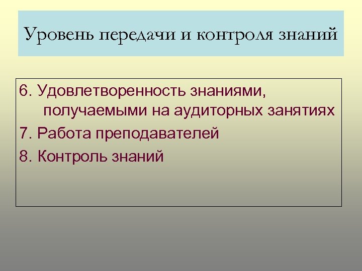 Уровень передачи и контроля знаний 6. Удовлетворенность знаниями, получаемыми на аудиторных занятиях 7. Работа
