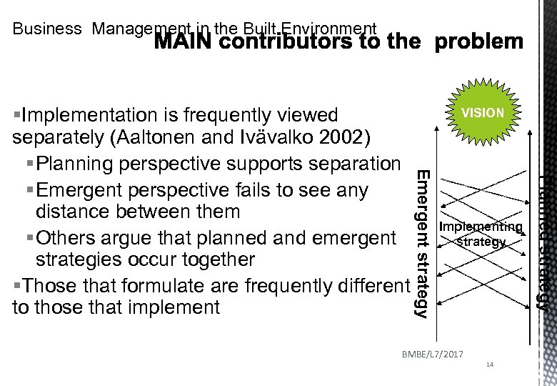 Business Management in the Built Environment VISION Implementing strategy BMBE/L 7/2017 14 Planned strategy