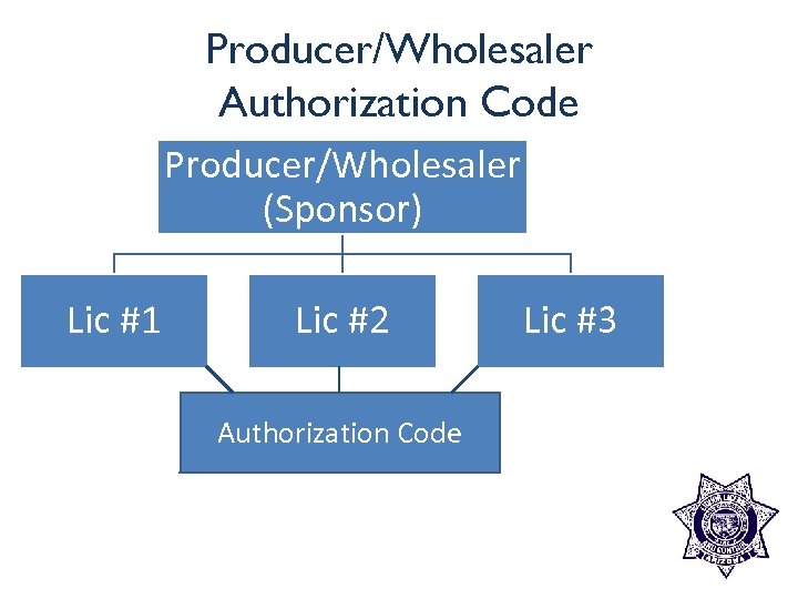 Producer/Wholesaler Authorization Code Producer/Wholesaler (Sponsor) Lic #1 Lic #2 Authorization Code Lic #3 