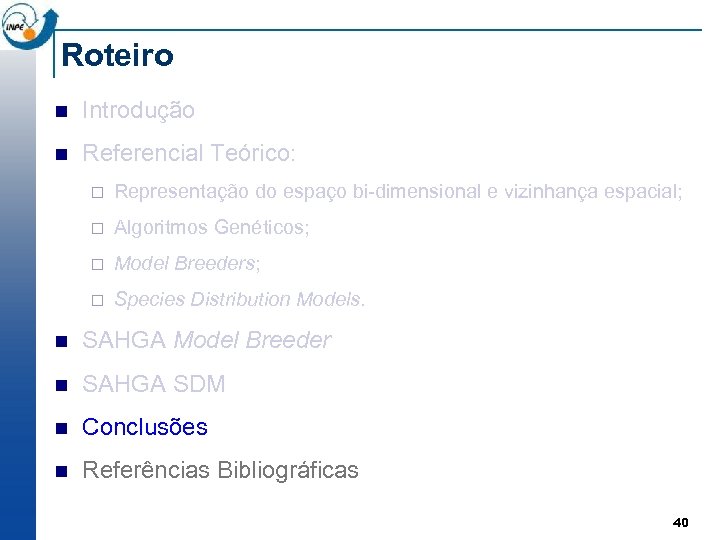 Roteiro n Introdução n Referencial Teórico: ¨ Representação do espaço bi-dimensional e vizinhança espacial;