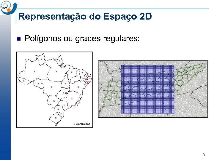 Representação do Espaço 2 D n Polígonos ou grades regulares: 8 