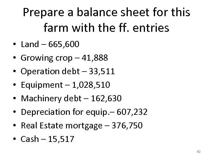 Prepare a balance sheet for this farm with the ff. entries • • Land