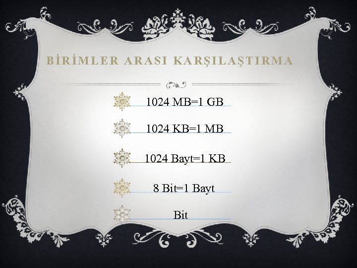 BİRİMLER ARASI KARŞILAŞTIRMA 1024 MB=1 GB 1024 KB=1 MB 1024 Bayt=1 KB 8 Bit=1