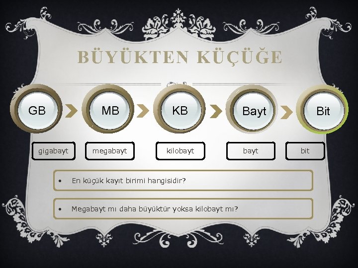 BÜYÜKTEN KÜÇÜĞE GB MB gigabayt KB megabayt kilobayt • En küçük kayıt birimi hangisidir?