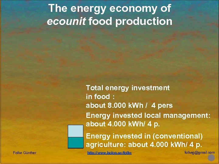 The energy economy of ecounit food production Total energy investment in food : about