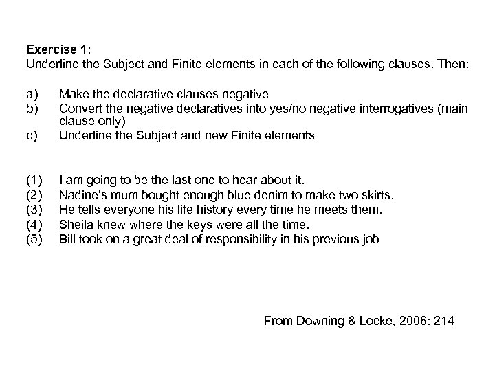 Exercise 1: Underline the Subject and Finite elements in each of the following clauses.