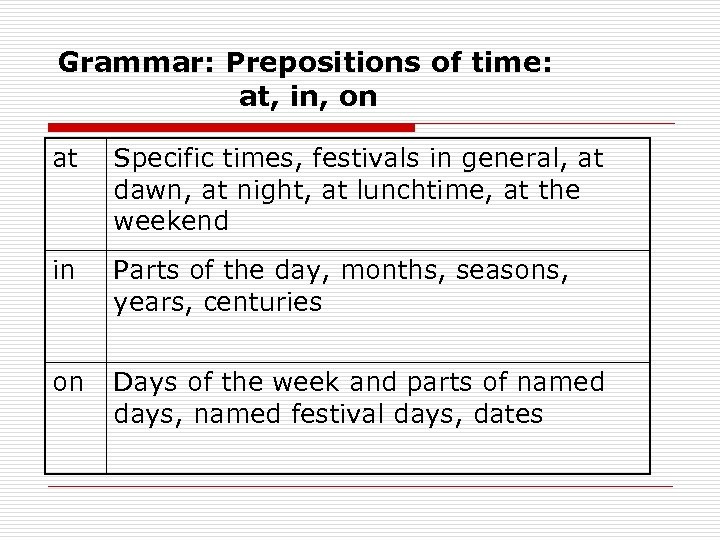 Grammar: Prepositions of time: at, in, on at Specific times, festivals in general, at