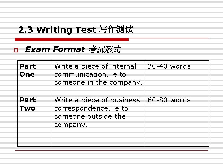 2. 3 Writing Test 写作测试 o Exam Format 考试形式 Part One Write a piece