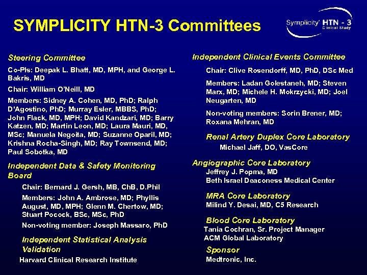 SYMPLICITY HTN-3 Committees Steering Committee Co-PIs: Deepak L. Bhatt, MD, MPH, and George L.