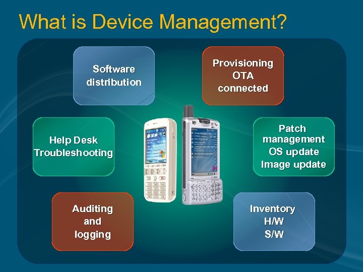 What is Device Management? Software distribution Help Desk Troubleshooting Auditing and logging Provisioning OTA