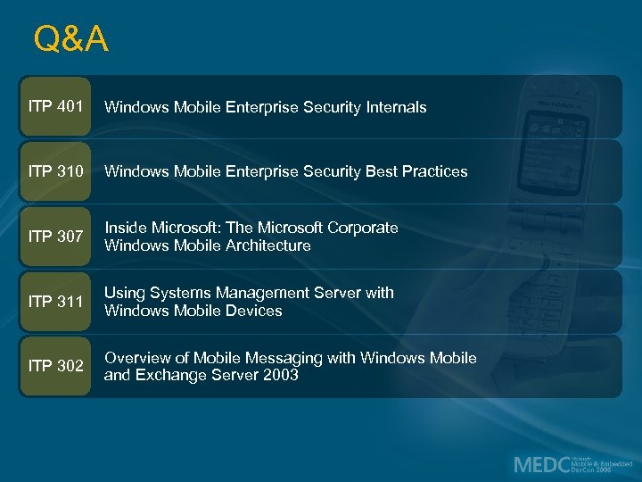 Q&A ITP 401 Windows Mobile Enterprise Security Internals ITP 310 Windows Mobile Enterprise Security