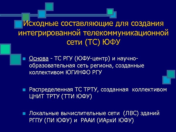 Исходные составляющие для создания интегрированной телекоммуникационной сети (ТС) ЮФУ n Основа - ТС РГУ