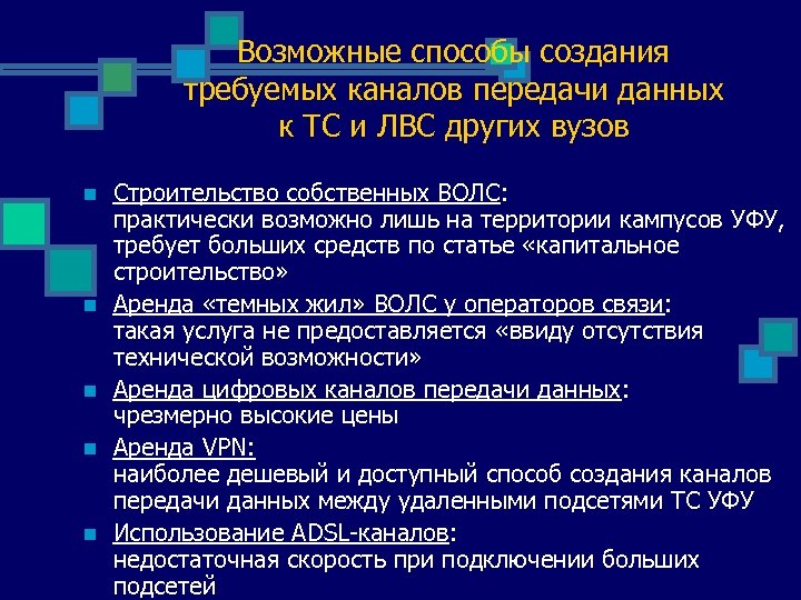 Возможные способы создания требуемых каналов передачи данных к ТС и ЛВС других вузов n
