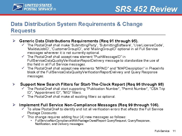 SRS 452 Review Data Distribution System Requirements & Change Requests Ø Generic Data Distributions
