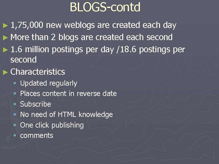 BLOGS-contd ► 1, 75, 000 new weblogs are created each day ► More than