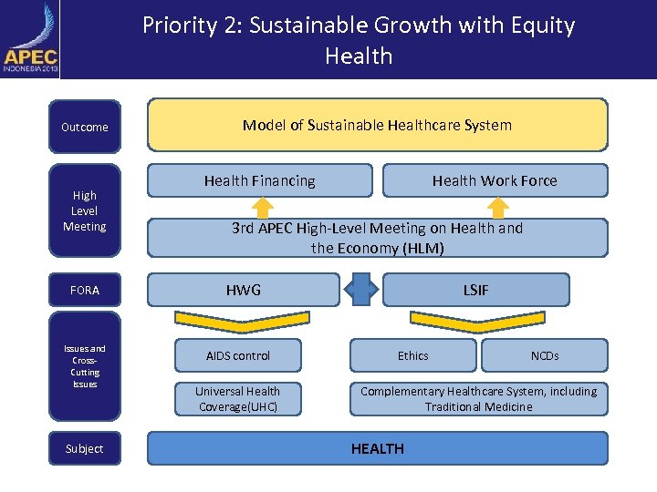 Priority 2: Sustainable Growth with Equity Health Outcome High Level Meeting FORA Issues and