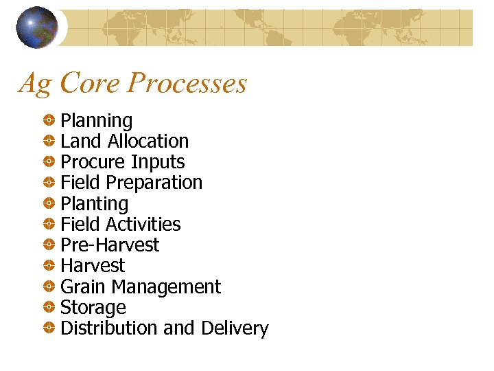 Ag Core Processes Planning Land Allocation Procure Inputs Field Preparation Planting Field Activities Pre-Harvest