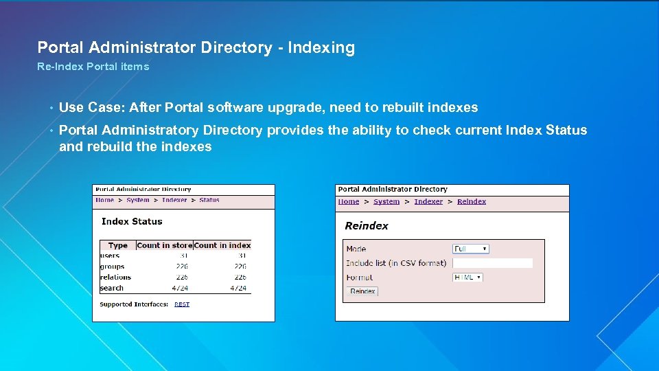 Portal Administrator Directory - Indexing Re-Index Portal items • Use Case: After Portal software