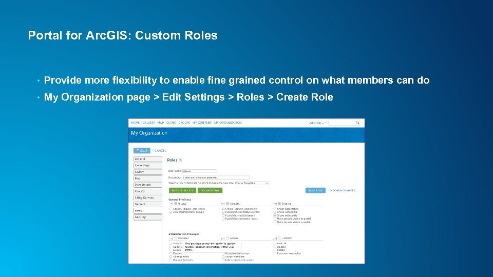 Portal for Arc. GIS: Custom Roles • Provide more flexibility to enable fine grained