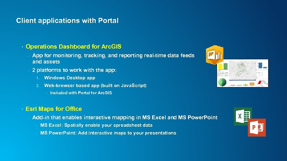 Client applications with Portal • Operations Dashboard for Arc. GIS - App for monitoring,