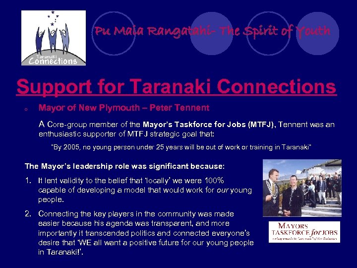Pu Maia Rangatahi- The Spirit of Youth Support for Taranaki Connections o Mayor of
