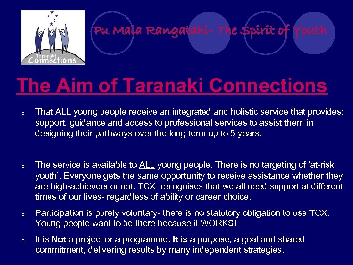 Pu Maia Rangatahi- The Spirit of Youth The Aim of Taranaki Connections o o