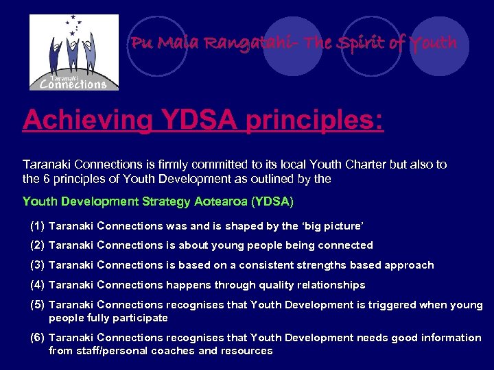 Pu Maia Rangatahi- The Spirit of Youth Achieving YDSA principles: Taranaki Connections is firmly
