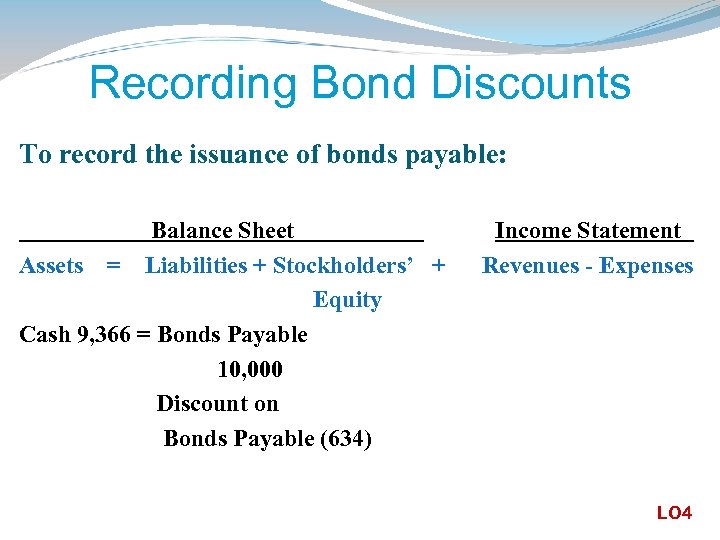 Recording Bond Discounts To record the issuance of bonds payable: Balance Sheet Assets =